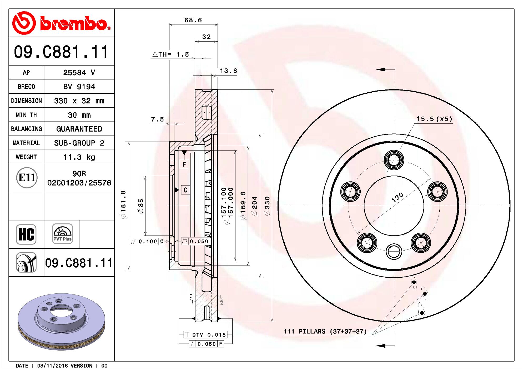 Porsche VW Brembo Disc Brake Rotor - Front (330mm) 7L6615302P